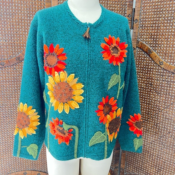 Susan Bristol Sweaters - Susan Bristol lambswool sunflower cardigan sweater large